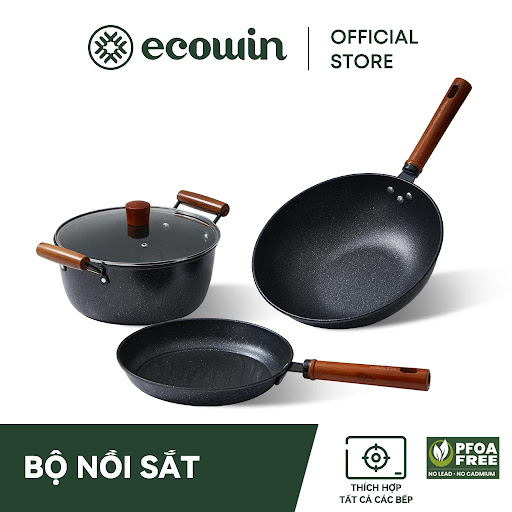 [Ecowin] Nồi sắt đen Deni Bộ 3 món chảo rán nồi súp chảo dụng cụ nấu ăn có nắp